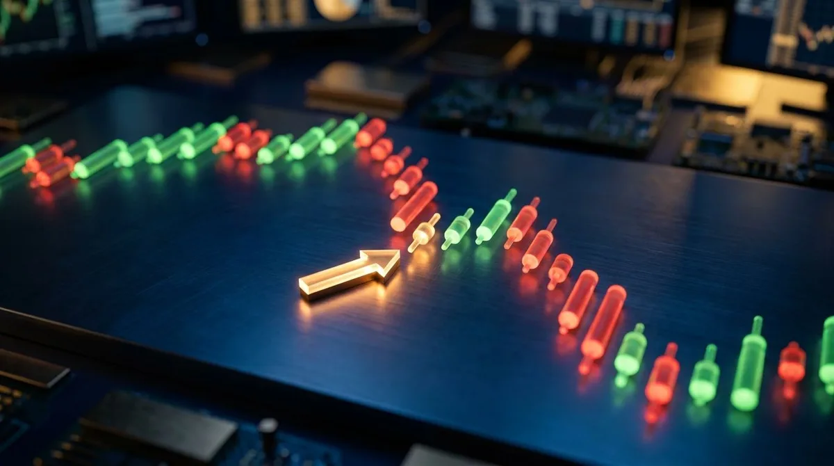 A dramatic close-up of a stock chart displaying a classic candlestick pattern at a clear turning point, with green candles transitioning into red (or vice versa), rendered in a sleek dark trading terminal aesthetic.