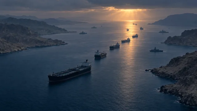 Aerial view of the Strait of Hormuz at dawn showing a queue of anchored oil tankers and distant naval ships in hazy grey water, with a single beam of morning light breaking through clouds to illuminate a narrow open passage through the strait.