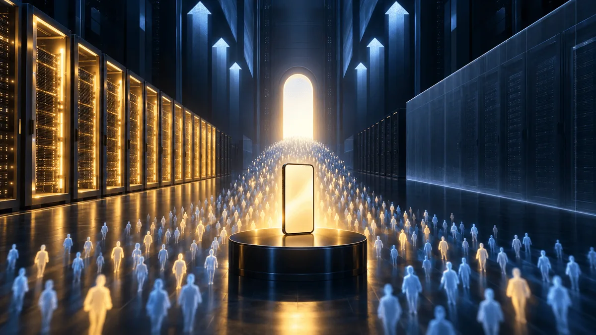 A cinematic server hall with streams of abstract human silhouettes flowing toward a glowing smartphone on a pedestal, one aisle lit warmly and open while a parallel aisle is dark and sealed behind a barrier, suggesting mass adoption of a new AI app amid mixed corporate reception.