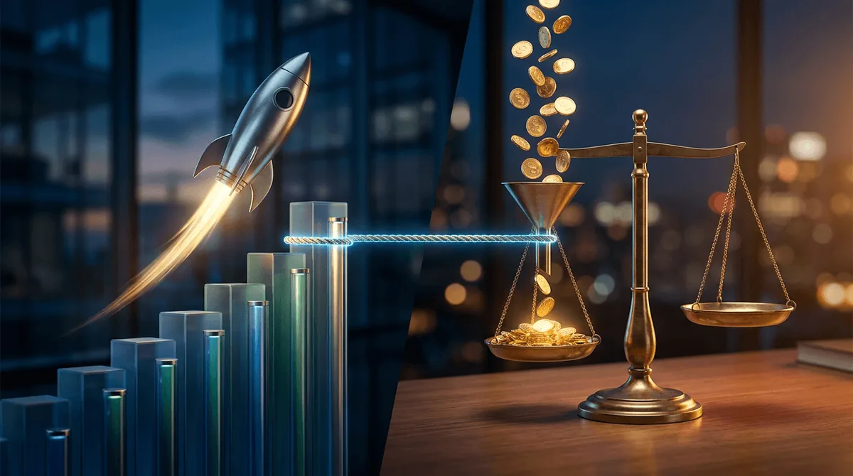 A split-composition image showing two contrasting visual elements side by side: a rapidly rising bar chart or rocket symbolizing explosive revenue growth on one side, and a precise balance scale or funnel filtering coins into a smaller but