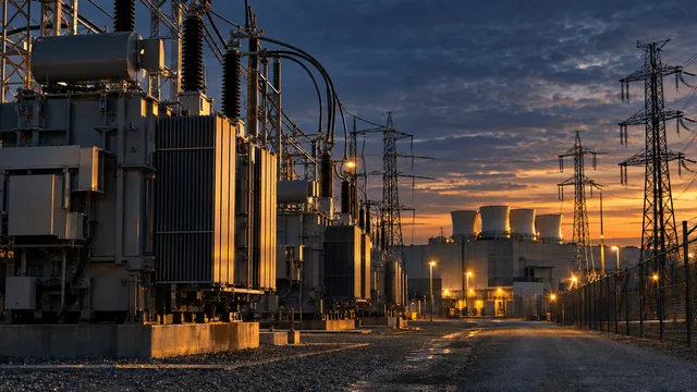 A rows of massive gray industrial power transformers and steel transmission towers stretch across a fenced substation yard at dusk, thick bundled cables looping between them under a darkening sky.