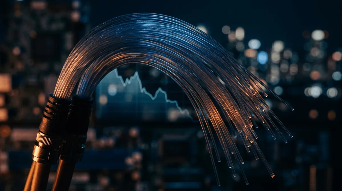 A fiber optic cable bundle glowing with blue and orange light trails is shown drooping or bending downward against a dark background, visually suggesting a loss of signal or declining momentum.