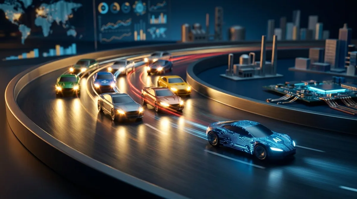A wide-angle view of a crowded racetrack where a single sleek AI-branded car leads far ahead, while a large pack of colorful cars from diverse industries — healthcare, energy, manufacturing — are surging forward together in a powerful catch