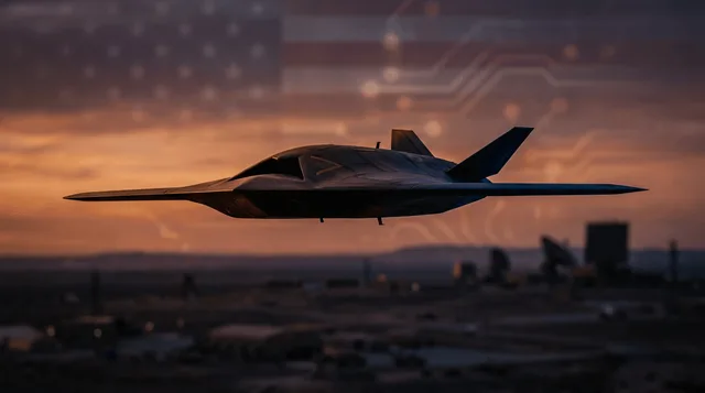 A sleek, menacing autonomous drone silhouetted against a dramatic dusk sky hovers over a vast battlefield landscape, with faint radar dish and military installation targets visible far below.