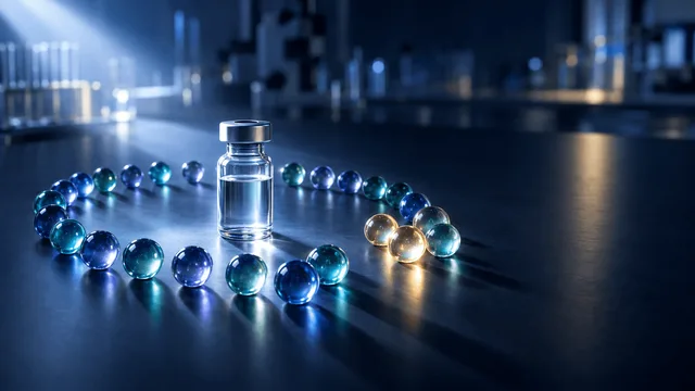 A single glowing vial surrounded by an arc of small glass spheres of varying colors on a dark laboratory bench, evoking a vaccine trial milestone.