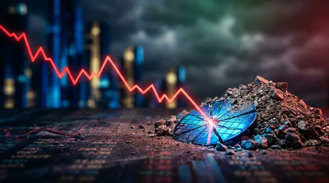 A dramatic downward-trending stock chart line in red dominates the frame, with a glowing Micron/semiconductor chip partially visible beneath it, symbolizing the tech sector under pressure.