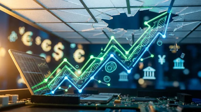 A sharp, dynamic visual of a glowing green upward-trending stock chart breaking through a ceiling or barrier, set against a dark financial backdrop with subtle DNA helix or molecular structures woven into the chart lines.