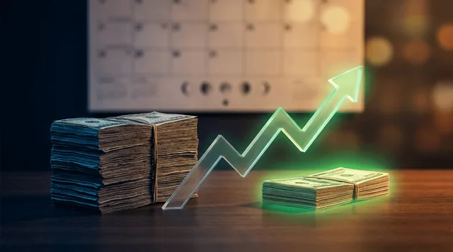 A split-screen visual shows a large stack of bundled cash on one side contrasting with a much smaller stack on the other, connected by a bold upward-trending stock chart arrow that bridges both sides.