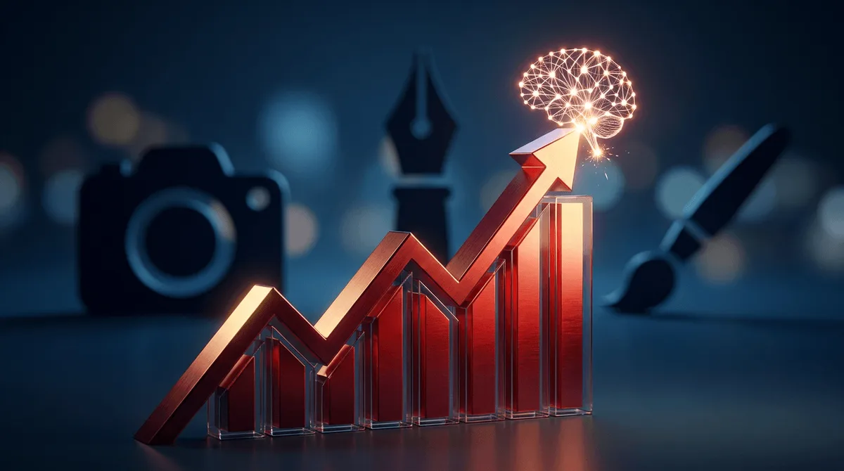 A sleek upward-trending graph or bar chart rendered in Adobe's signature red gradient, with a glowing AI neural-network pattern or spark icon emerging from the peak of the ascending line to symbolize AI-driven growth.