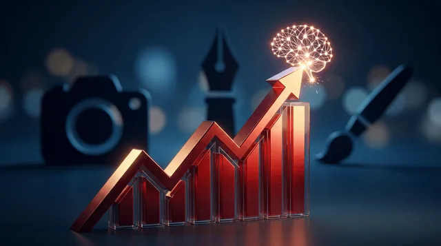 A sleek upward-trending graph or bar chart rendered in Adobe's signature red gradient, with a glowing AI neural-network pattern or spark icon emerging from the peak of the ascending line to symbolize AI-driven growth.
