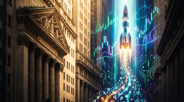 A dramatic split-scene image showing a traditional Wall Street building or stock exchange on one side, contrasted with glowing blockchain/digital trading charts and candlestick graphs on the other, with a SpaceX rocket launching upward thro