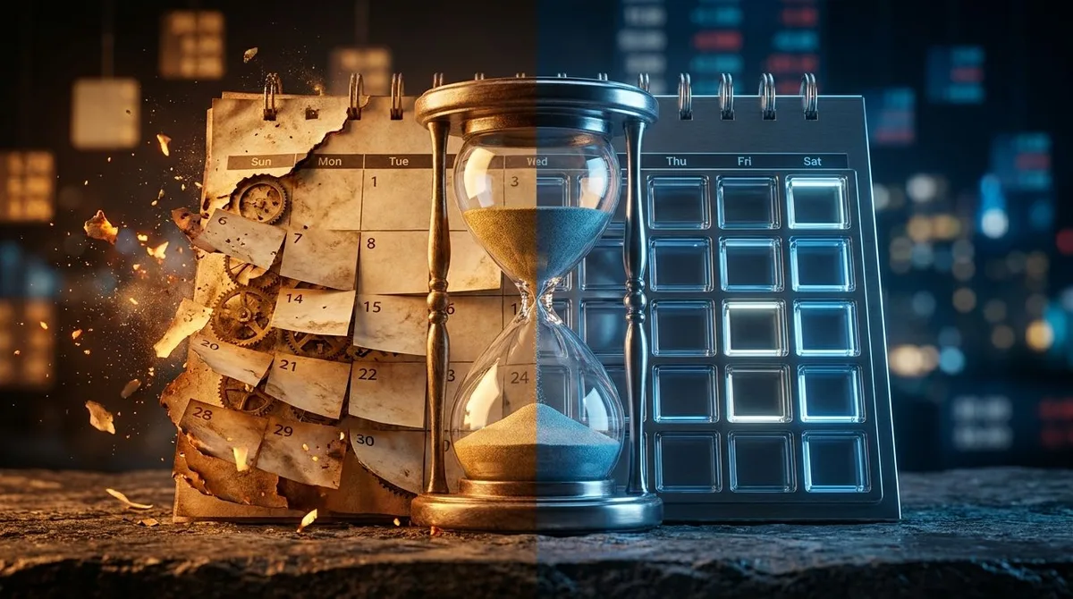 A split-screen calendar showing two different months side by side, with the near-term month visibly fading or dissolving while the far-term month remains bold and solid, symbolizing the difference in time decay between the two options.