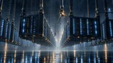 A massive data center of glowing server racks hangs suspended from thick industrial chains anchored to the ceiling, with one central chain's strands visibly frayed and sparking, symbolizing financial strain beneath a large AI infrastructure buildout.