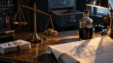 A close-up still life on a scarred oak desk: a stack of crisp hundred-dollar bills bound with a rubber band sits beside a battered antique brass balance scale, one pan empty and rising, the other weighed down by a small pile of gold coins.