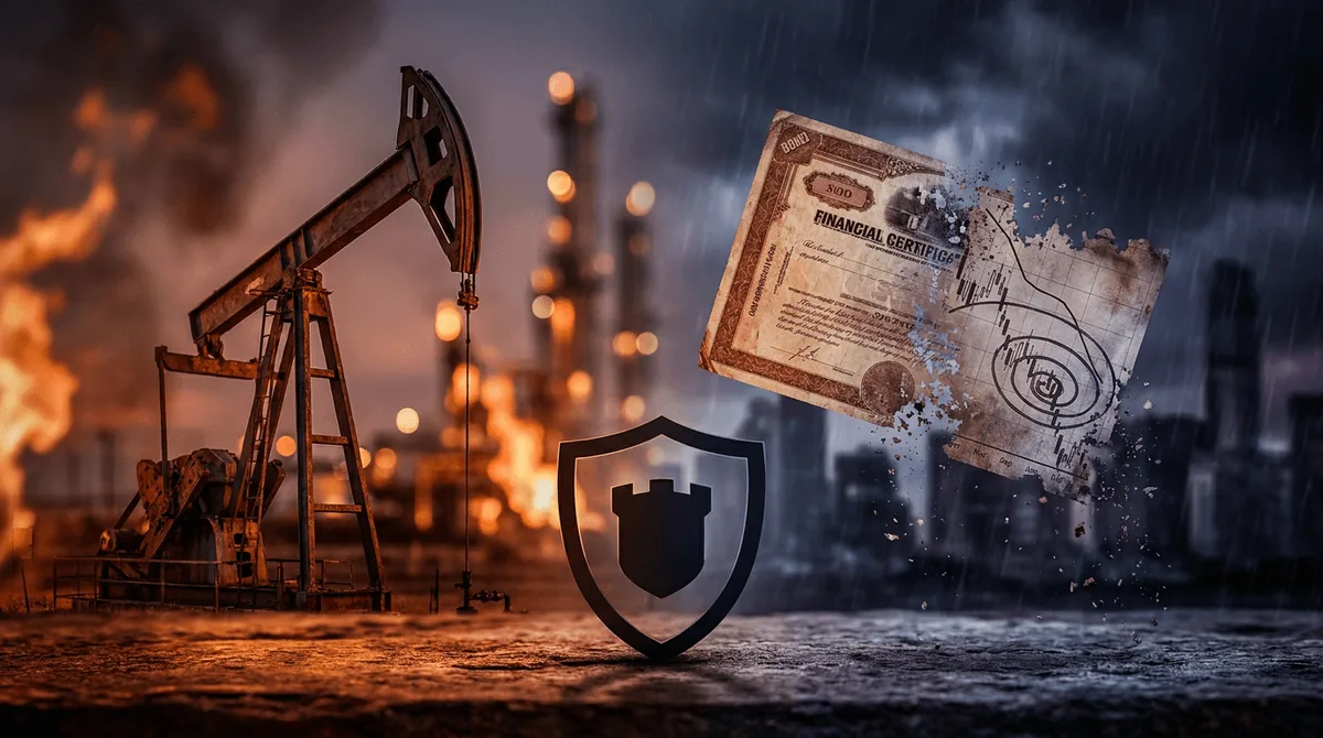 A dramatic split-screen composition showing an oil barrel or derrick engulfed in fiery upward momentum on one side, contrasted against a crumbling or downward-spiraling stock bond certificate or financial chart on the other.