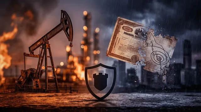 A dramatic split-screen composition showing an oil barrel or derrick engulfed in fiery upward momentum on one side, contrasted against a crumbling or downward-spiraling stock bond certificate or financial chart on the other.