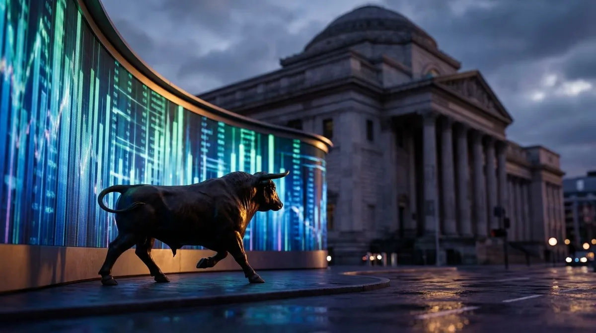 A dramatic upward-sweeping stock ticker board or digital financial display glows in blue and green, with the iconic Wall Street bull statue prominently silhouetted in the foreground.