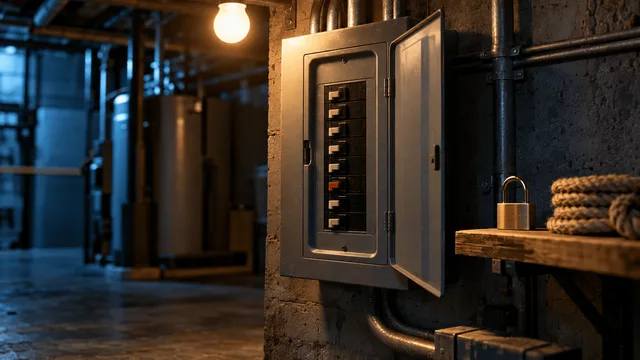 A circuit breaker panel in a dim utility room, one switch flipped to "off" while the rest remain on, lit by a single overhead bulb.