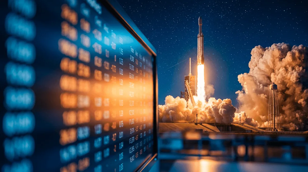 A SpaceX rocket launches dramatically against a dark sky filled with stars, with a glowing stock market ticker display or digital trading screen visible in the foreground reflecting the rocket's fiery exhaust.