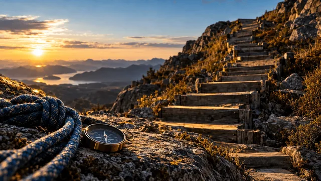 A weathered wooden staircase climbing a rocky hillside, its steps rising unevenly toward the horizon under a clear sky, catches low golden light on each tread.