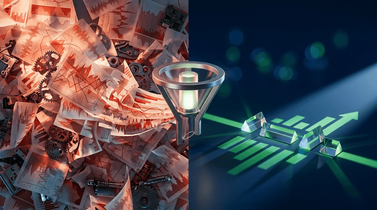 A split-screen composition showing a chaotic wall of cascading stock tickers and candlestick charts on one side, contrasting with a clean, focused spotlight illuminating just a handful of highlighted stocks on the other side.
