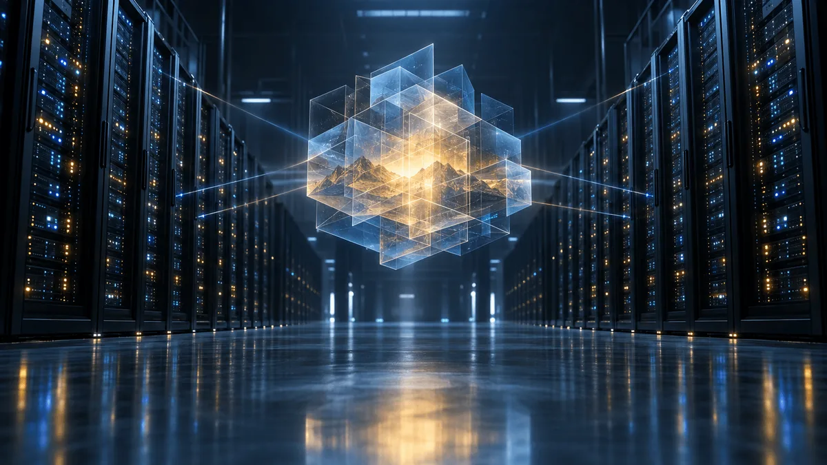 A wide data-center hall with rows of server racks and light beams converging on a glowing abstract geometric form floating in the central aisle, symbolizing the acquisition of an AI world-model startup.