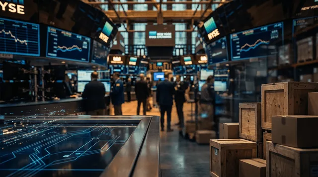 A dramatic wide-angle view of the New York Stock Exchange trading floor bathed in the warm glow of glowing digital screens displaying charts and ticker symbols, with traders in motion creating a sense of urgency and high stakes.