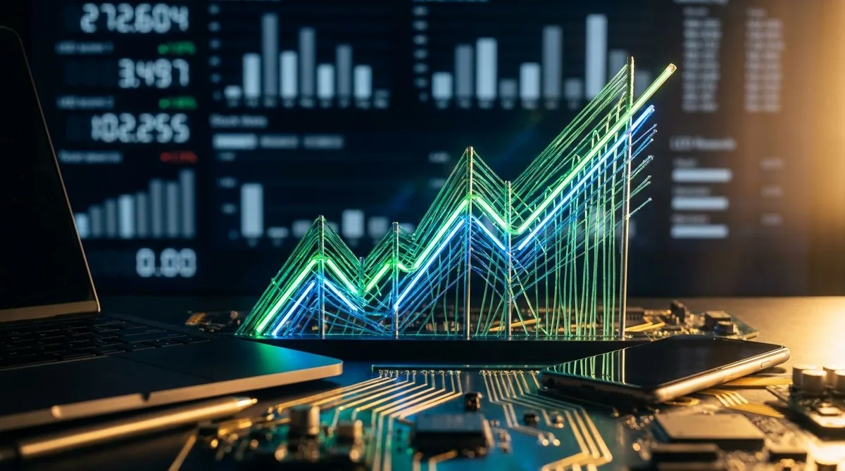 A dynamic upward-trending stock chart rendered in bold green and electric blue fills the frame, with glowing digital numbers and graph lines surging sharply higher against a dark financial dashboard background.