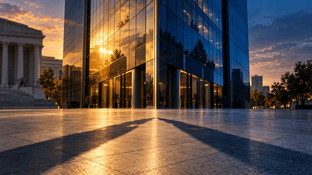 Two corporate tower facades visually merging at dusk, with two long shadows in the foreground converging toward one another on a plaza, symbolizing a completed merger and leadership transition.