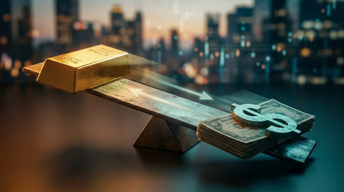 A split composition showing a gleaming gold bar on one side and a U.S.