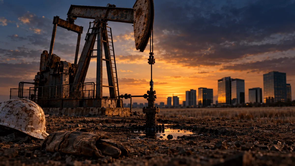 An oil pumpjack sits idle in a wide, empty field at dusk, its metal frame streaked with rust and dried mud, while a small drop of oil pools beneath the wellhead.