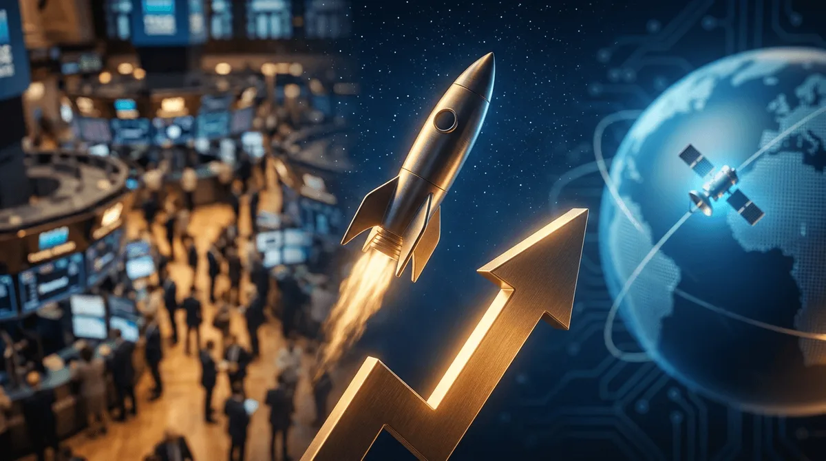 A sleek rocket launching into a starry night sky, with a bold stock chart arrow overlaid in the foreground surging upward alongside the rocket's trajectory.