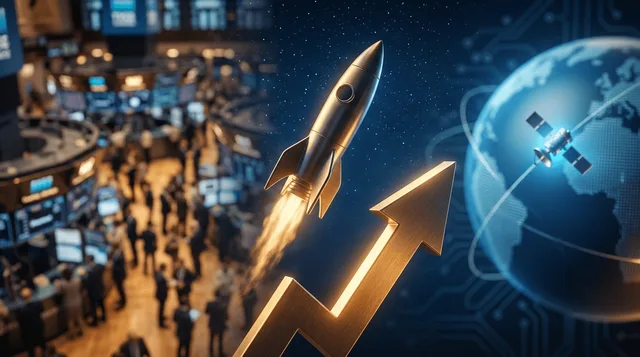A sleek rocket launching into a starry night sky, with a bold stock chart arrow overlaid in the foreground surging upward alongside the rocket's trajectory.