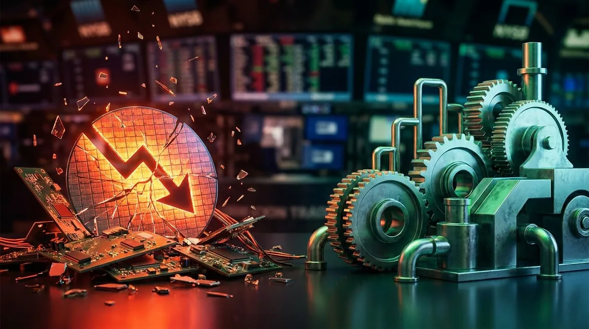 A dramatic split-screen visual showing a glowing microchip or semiconductor wafer on one side bathed in red light with a downward arrow, contrasted against blue-chip industrial symbols on the other side in green, representing the market div