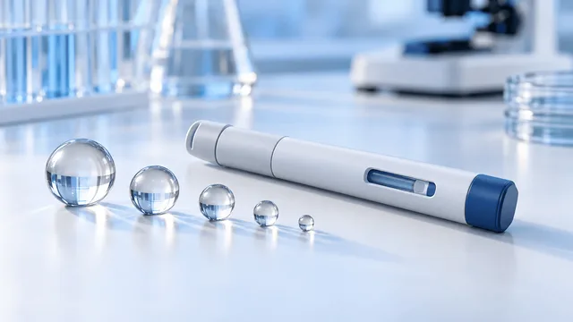An unbranded injector pen on a white clinical surface beside a descending row of small glass spheres, set against a softly blurred laboratory background.