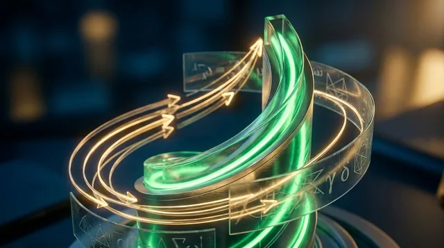 A dramatic upward-spiraling stock chart with an exponentially steepening curve, rendered in electric green against a dark background, with cascading buy orders visualized as glowing arrows feeding into the price action in a self-reinforcing