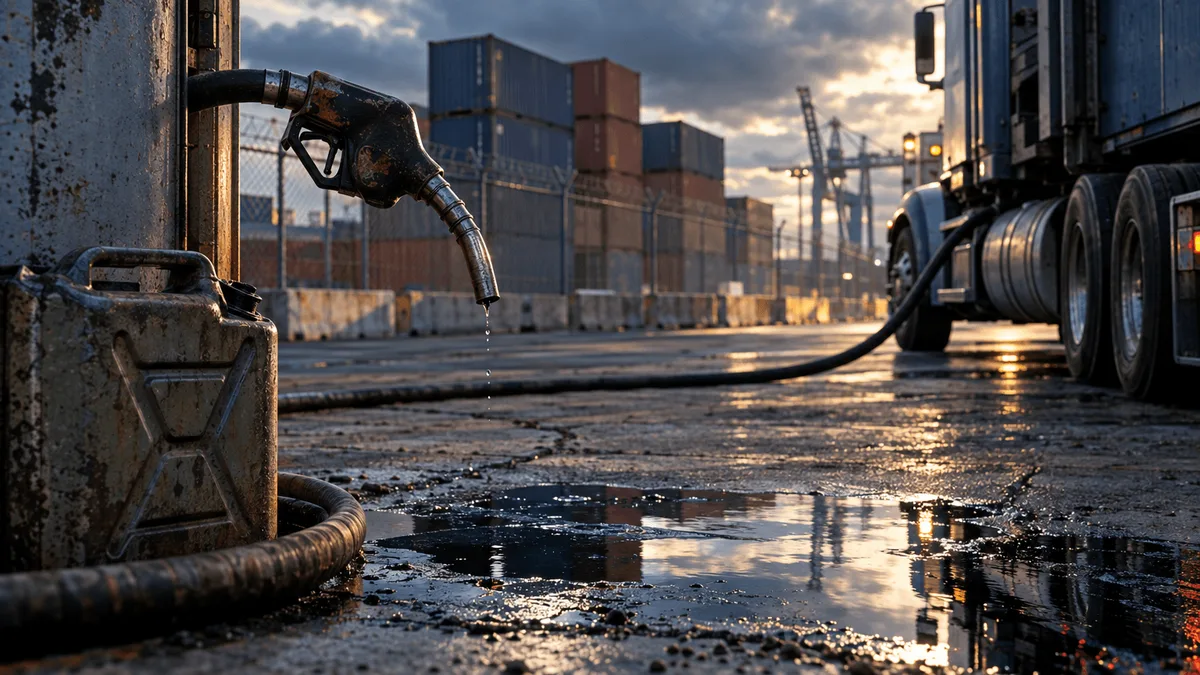A weathered diesel pump nozzle hangs mid-air over a puddle of spilled fuel on cracked concrete, its hose stretched taut toward an idling long-haul truck in the background, while stacked steel shipping containers loom beyond a chain-link fen