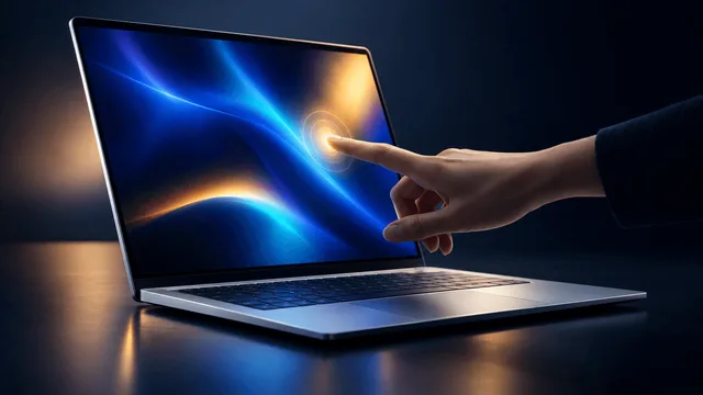 A finger touching the glowing display of a sleek open laptop, with a soft ripple of light radiating from the point of contact against a dark studio background.