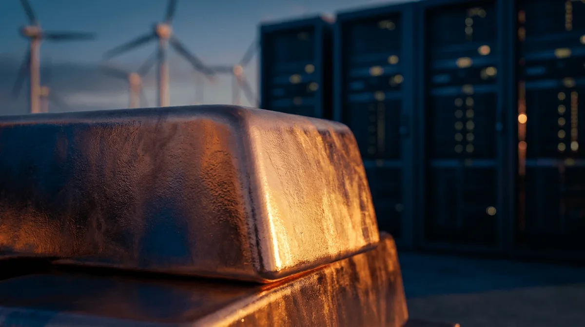 A massive copper pipe or gleaming copper ingot dominates the foreground, its distinctive reddish-orange metallic surface catching dramatic industrial lighting, with a blurred background showing data center server racks and wind turbines.