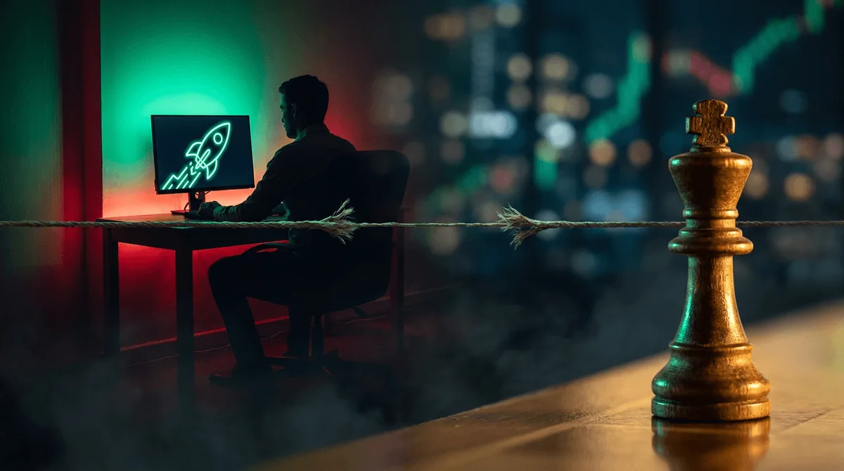 A lone trader sits at a glowing monitor displaying a dramatic rocket-shaped stock chart spiking upward, while a tightrope stretches beneath them over a dark abyss, symbolizing the razor-thin line between explosive gains and total loss.