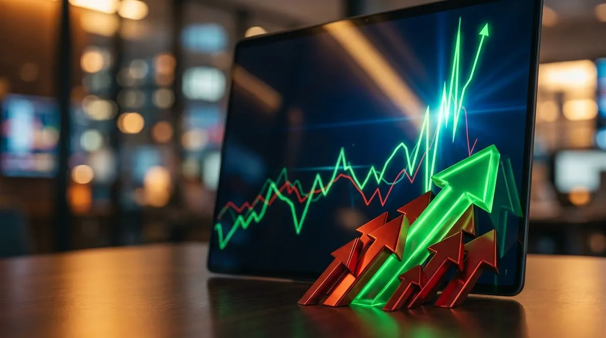 A dramatic close-up of a stock chart screen showing a sharp, explosive upward price spike rendered in bright green against a dark background, symbolizing the sudden surge of a short squeeze.