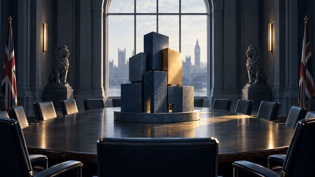 A large modular geometric structure sits at the center of a formal, empty regulatory chamber table, surrounded by vacant chairs and lit by a single directional light, symbolizing a dominant company under regulatory review.