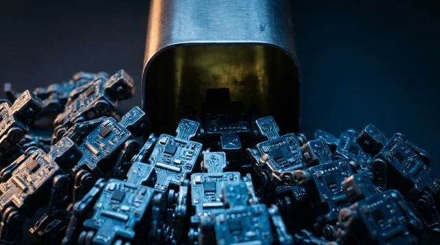 A dense swarm of identical robots or circuit-board figures all crowding toward the same narrow funnel or doorway, visually representing the saturation of AI trading strategies competing for the same diminishing opportunity.