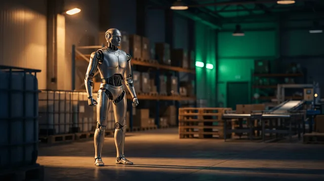 A sleek humanoid robot with two legs and two arms stands confidently in a modern, warmly lit warehouse environment, surrounded by shelves and logistics equipment.