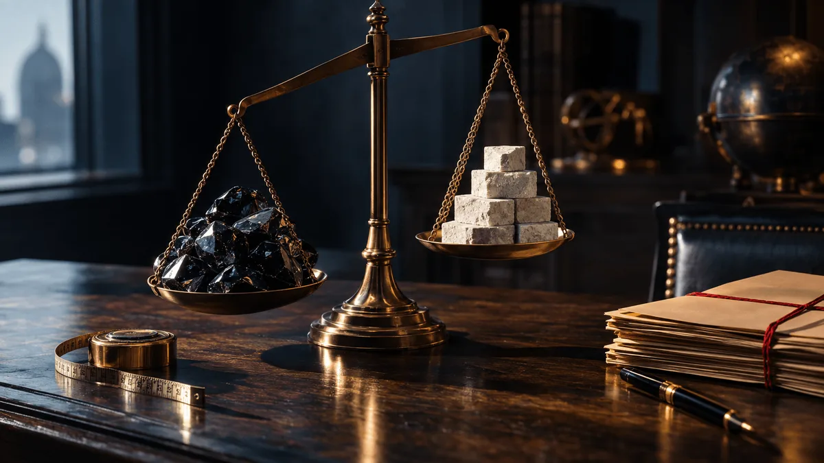 A single brass balance scale on a dark walnut desk: one pan heaped with glossy obsidian stones, the other holding a neat stack of pale limestone blocks, with the heavier side pulling low toward a coiled measuring tape.