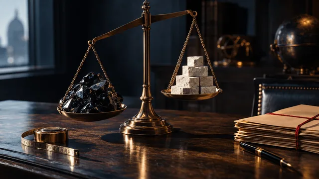 A single brass balance scale on a dark walnut desk: one pan heaped with glossy obsidian stones, the other holding a neat stack of pale limestone blocks, with the heavier side pulling low toward a coiled measuring tape.
