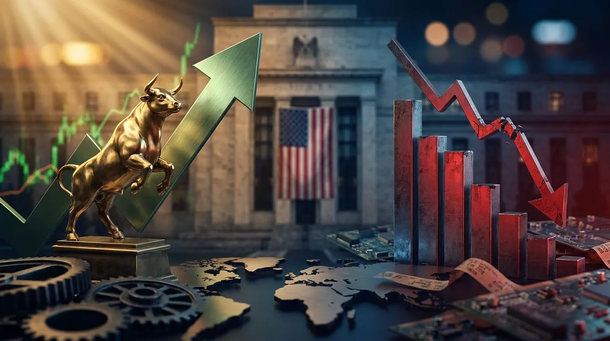 A split-screen visual showing a soaring green arrow or bull charging upward on one side representing the Dow's record high, contrasted against a downward-trending red graph or falling bars on the other side symbolizing the Nasdaq's decline.