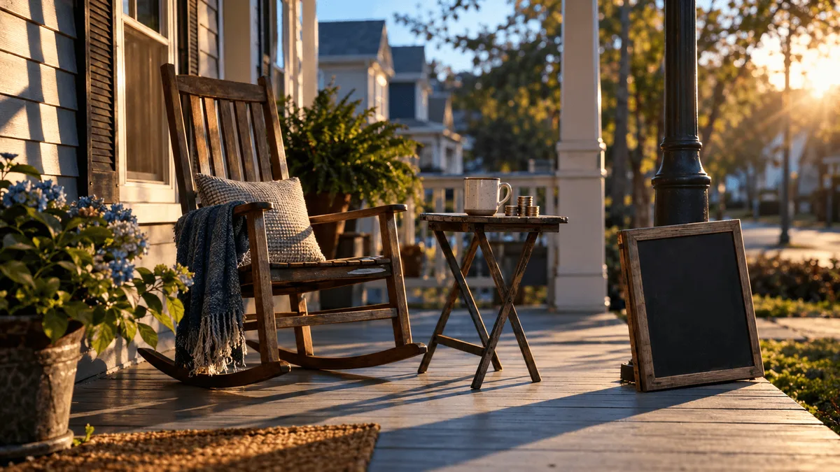 A single wooden porch rocking chair sits beside a small folding table holding a ceramic mug of coffee and a stack of coins, with a "Room for Rent" placard leaning against a nearby lamppost outside a modest house.
