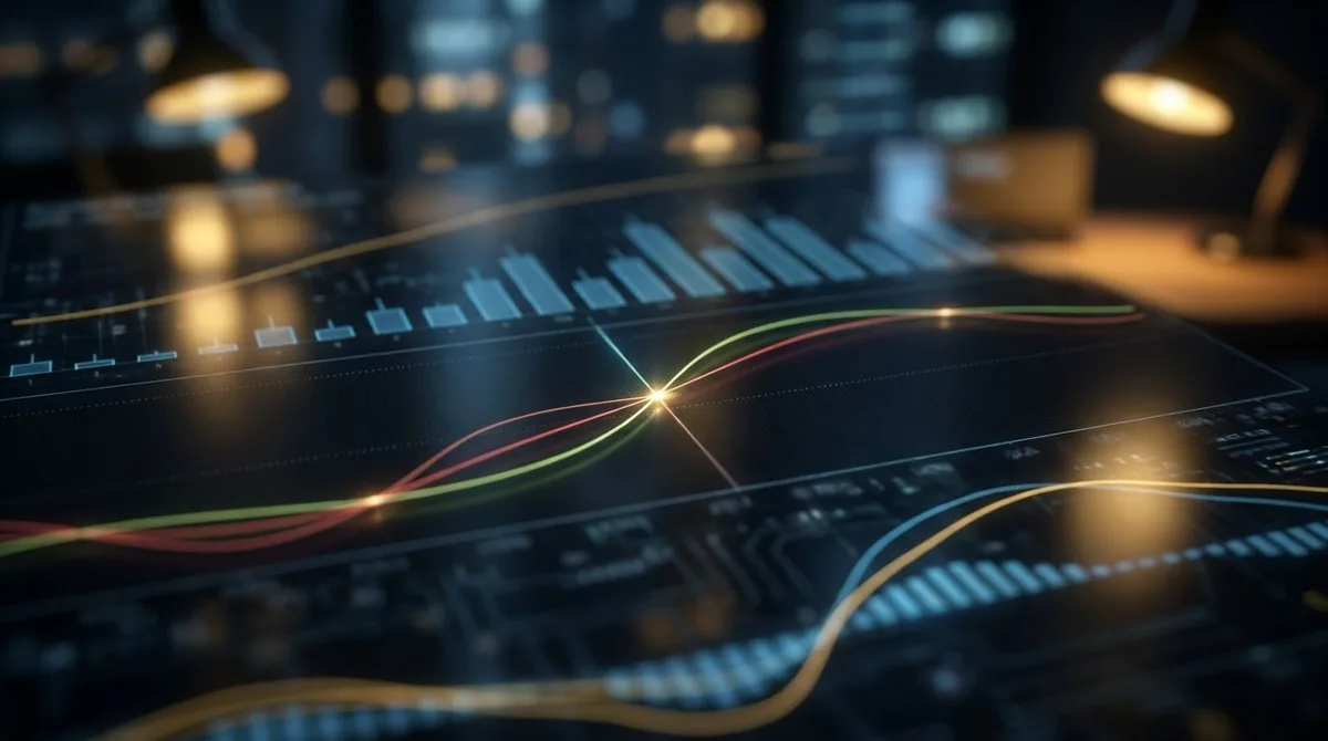 A close-up of a trading chart displayed on a dark screen, with the MACD indicator panel prominently visible below the price candlesticks, showing two diverging colored lines crossing each other at a clear intersection point.
