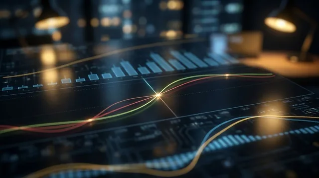 A close-up of a trading chart displayed on a dark screen, with the MACD indicator panel prominently visible below the price candlesticks, showing two diverging colored lines crossing each other at a clear intersection point.